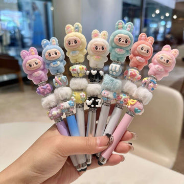 Kawaii Fluffy Bunny Topper Pens with Charms - Cute Cartoon Writing Supplies